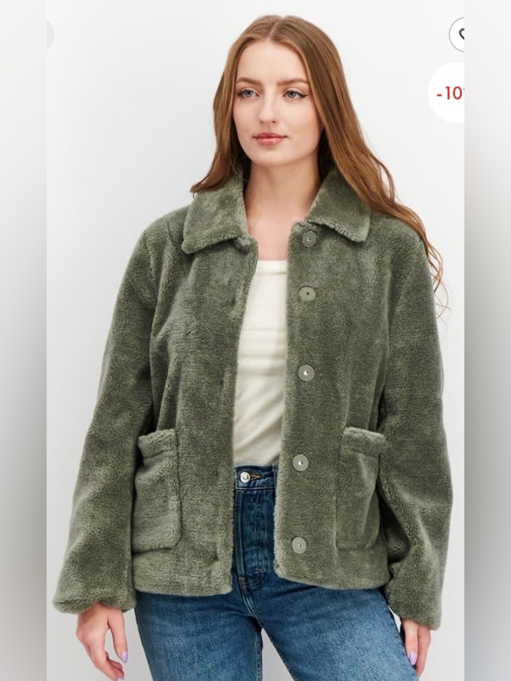 Rebecca Minkoff Olive Green Plush Button-Front Teddy Jacket
